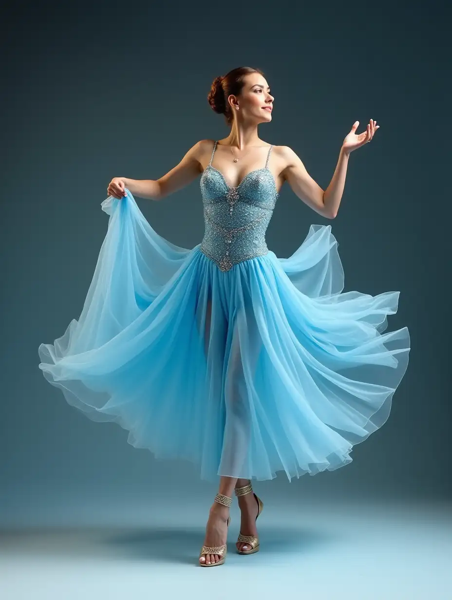 female ballroom dancer wearing an extraordinarily beautiful sky blue ballroom competition dress. She lifts onto her toes, arms arched delicately, her golden form weightless and ethereal, as if floating on air.