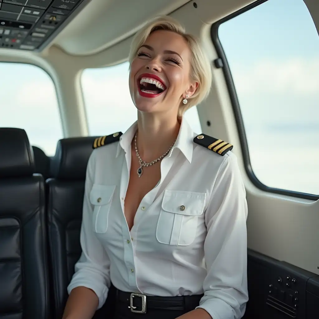 white norvegian lady, in white deep-necked pilot uniform button shirt, laughing with her mouth open, red lipstick accentuating her smile,belt on waist, big wide hips, chest are fully grown, jewerly, short hair, HD, screaming at plane, photo-realism