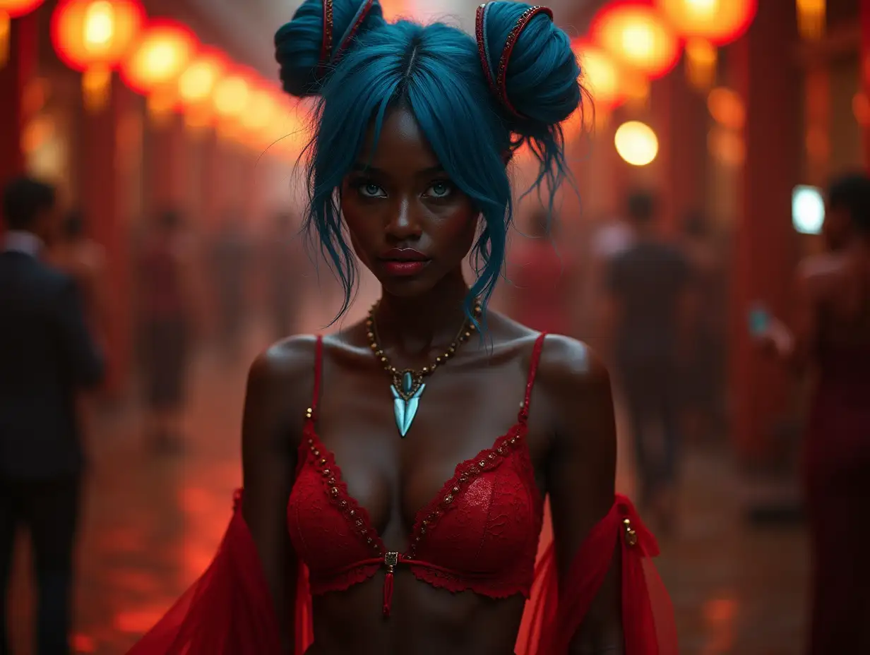 Mythological black alien princess blue eyes blue hair red lingerie, arrowhead necklace, lacquer shoes at a ball with lanterns portrait