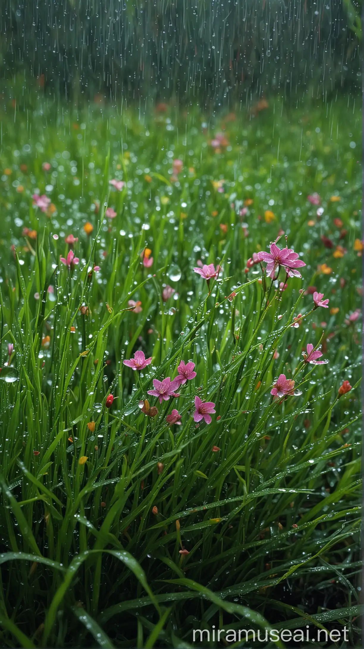 Tranquil Morning Dew and Blooming Flowers in Soft Rain