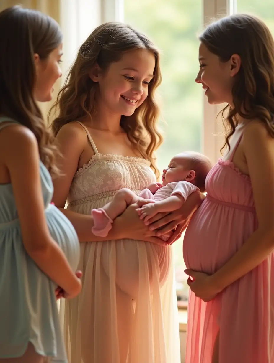 Preteen-Girl-Holding-Baby-and-Talking-to-Friends-in-Sheer-Sundresses-with-Pregnant-Bellies