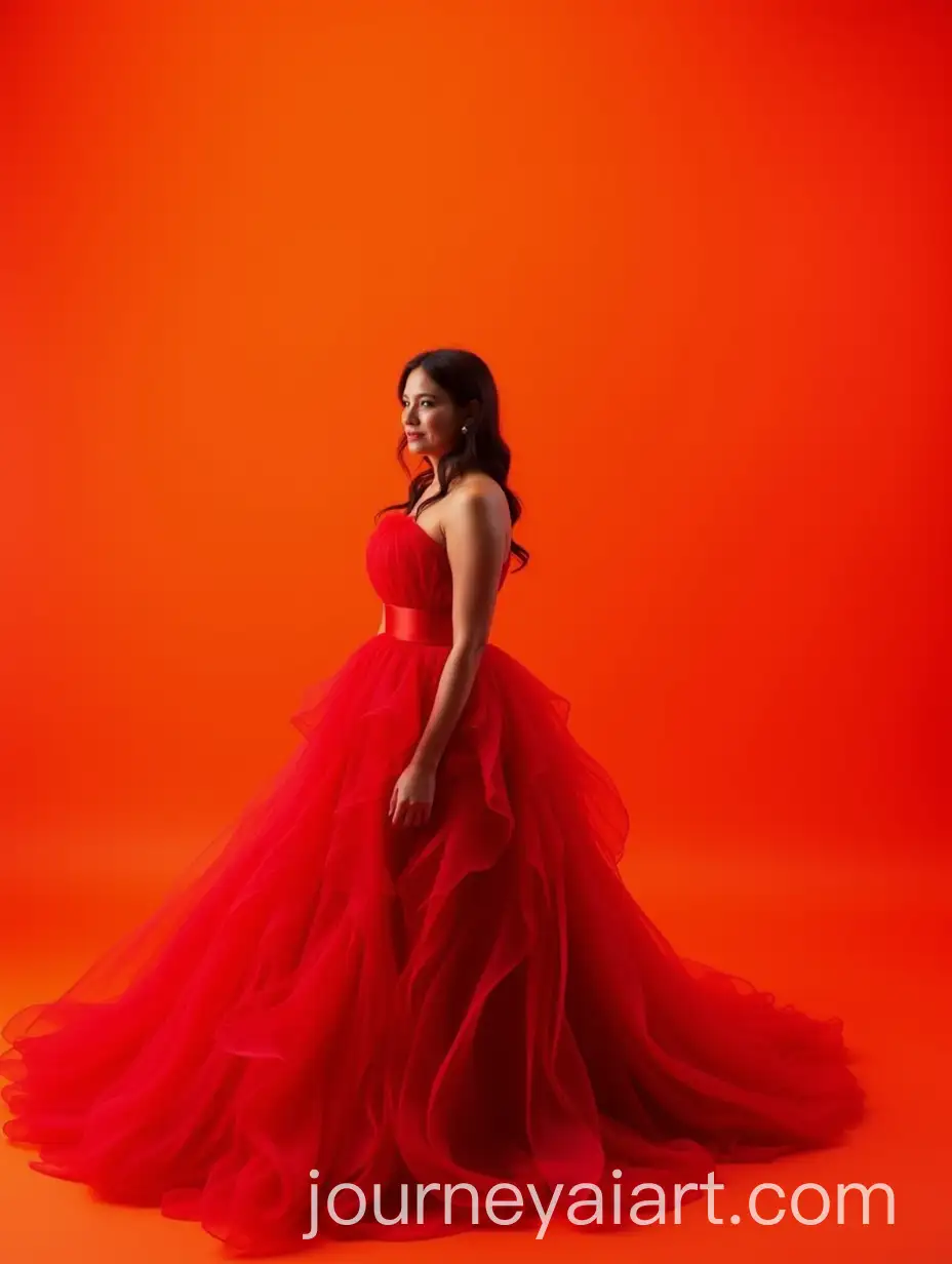 Woman-in-Luxurious-Red-Gown-Against-Vibrant-Orange-Background-with-Dynamic-Waves