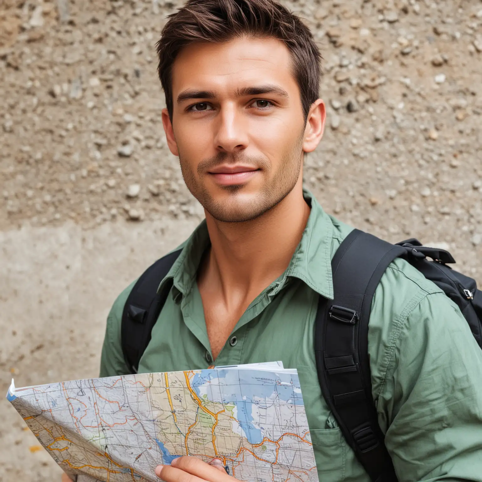 Handsome Man Holding Map and GPS for Navigation