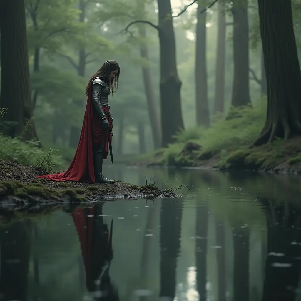 Lady knight standing by a calm, reflective pool in a serene forest. She looks down at her reflection in the water, with her face showing signs of contemplation and inner searching, while the water subtly distorts her image, representing the complexity of self-discovery. Hyper-realistic, ultra-detailed scene, 16K resolution.