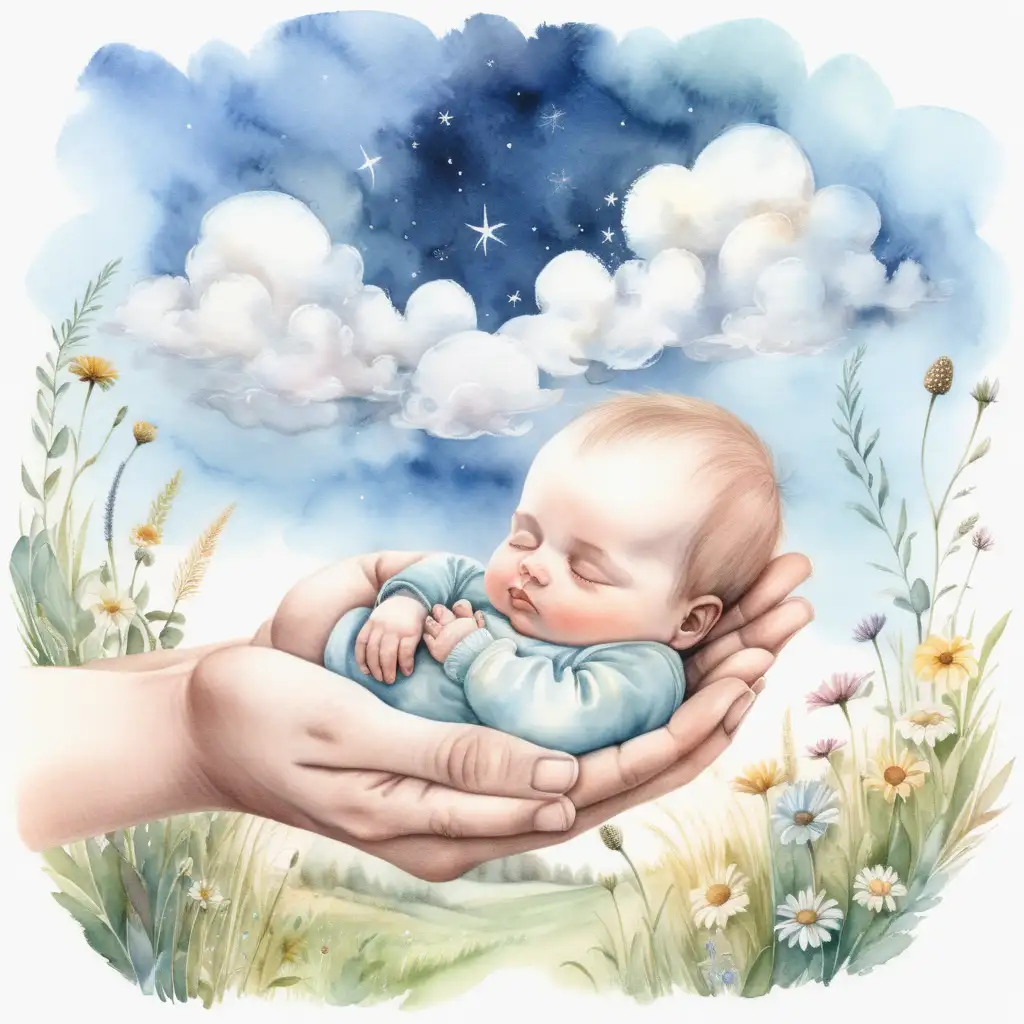 Hands Holding Sleeping Baby in Sky and Meadow Watercolor Illustration