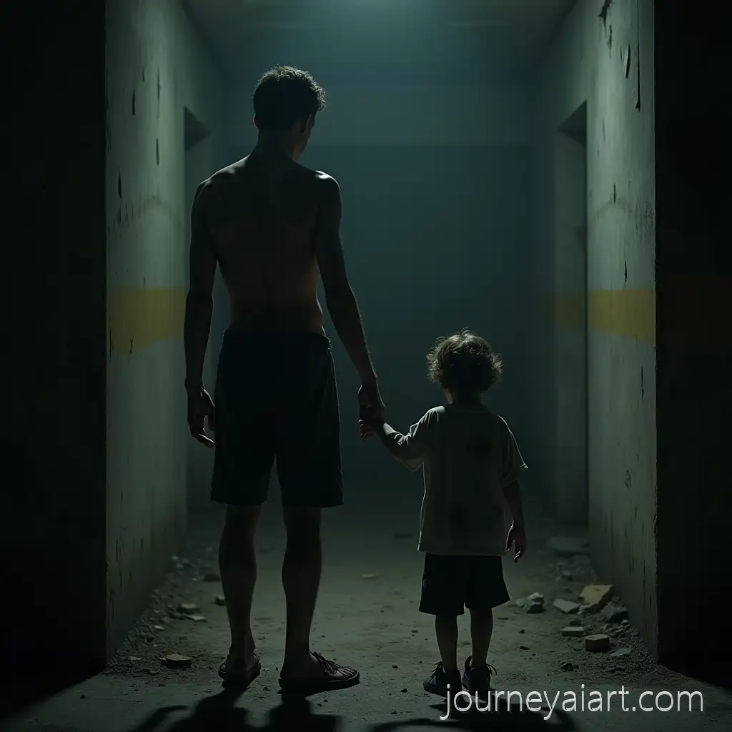 Somber-Scene-of-a-Starving-Young-Man-Holding-a-Child-in-an-Abandoned-Room