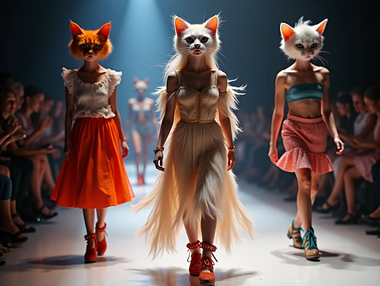 KI-Fantasy, a mix of male, cat, and female head fashion design with beautiful shoes at a fashion show