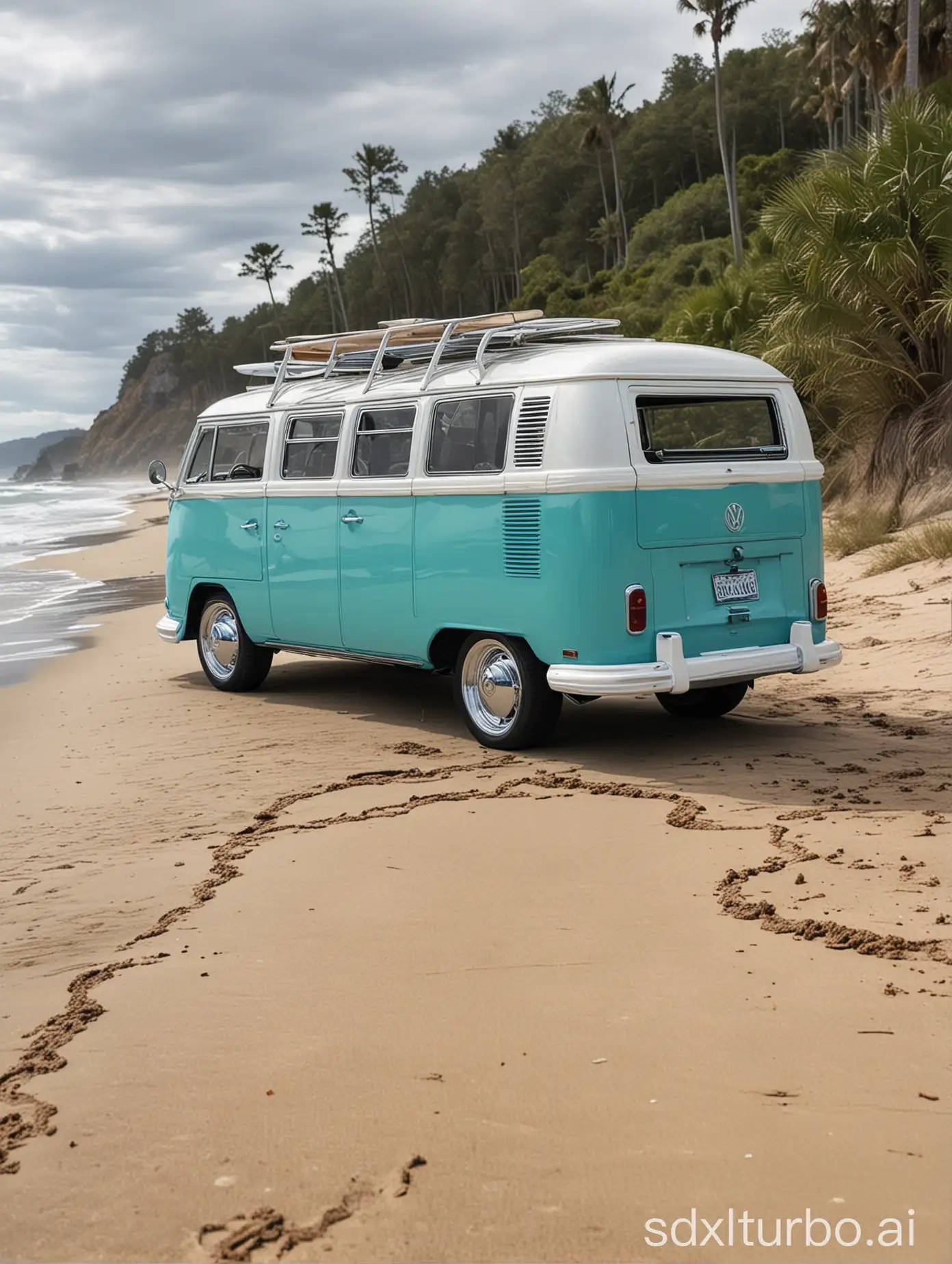 1963-Turquoise-and-White-VW-Bus-with-Chrome-Wheels-in-Beach-Scene