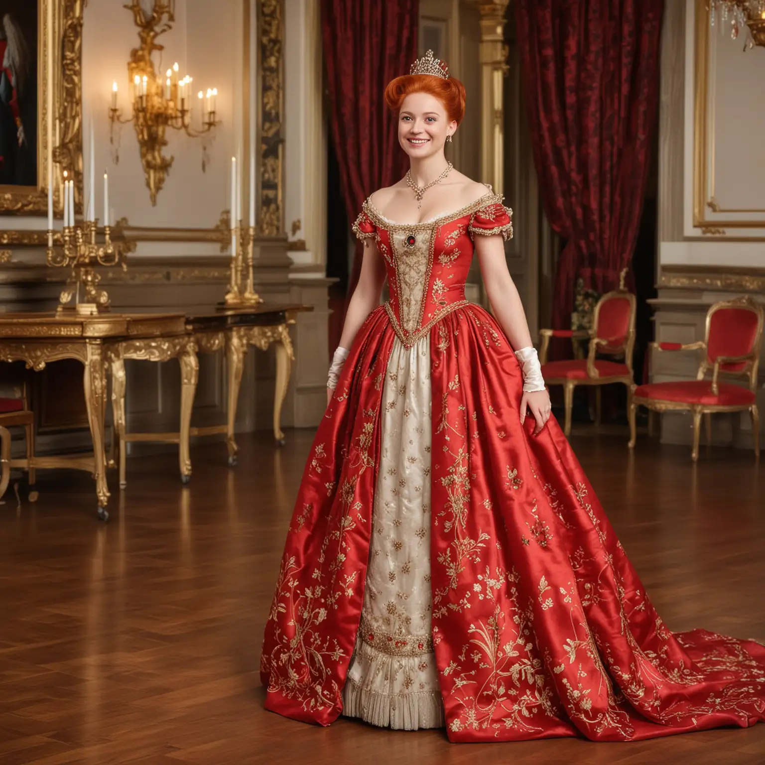 A large luxurious royal hall. An official event. A smiling beautiful young adult European princess stands in her full height. The princess is light-skinned. Her red hair gathered in an elegant bun. The princess wears a rich national German traditional royal gown, jewelry. The hem of the gown is nice too. Full growth, full height.