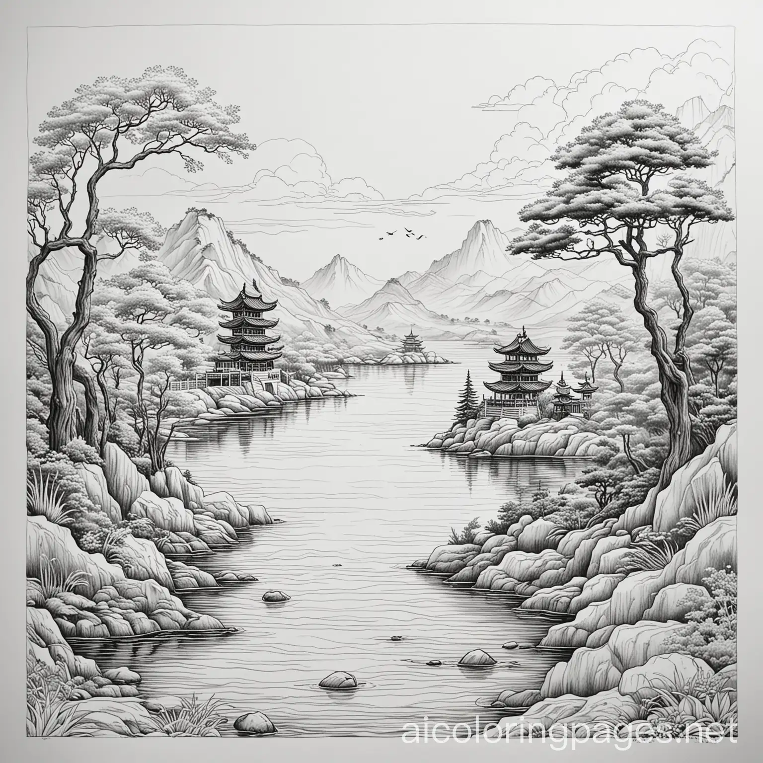 user_prompt: Scenic water view, sculpture, metal, new Chinese style, Coloring Page, black and white, line art, white background, Simplicity, Ample White Space. The background of the coloring page is plain white to make it easy for young children to color within the lines. The outlines of all the subjects are easy to distinguish, making it simple for kids to color without too much difficulty