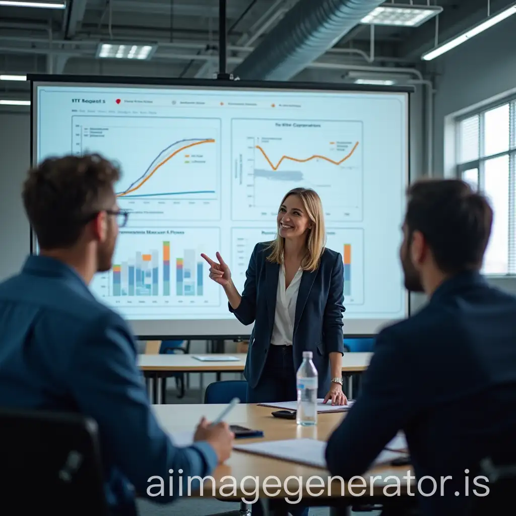 automotive factory team meeting near whiteboard five woman statistics