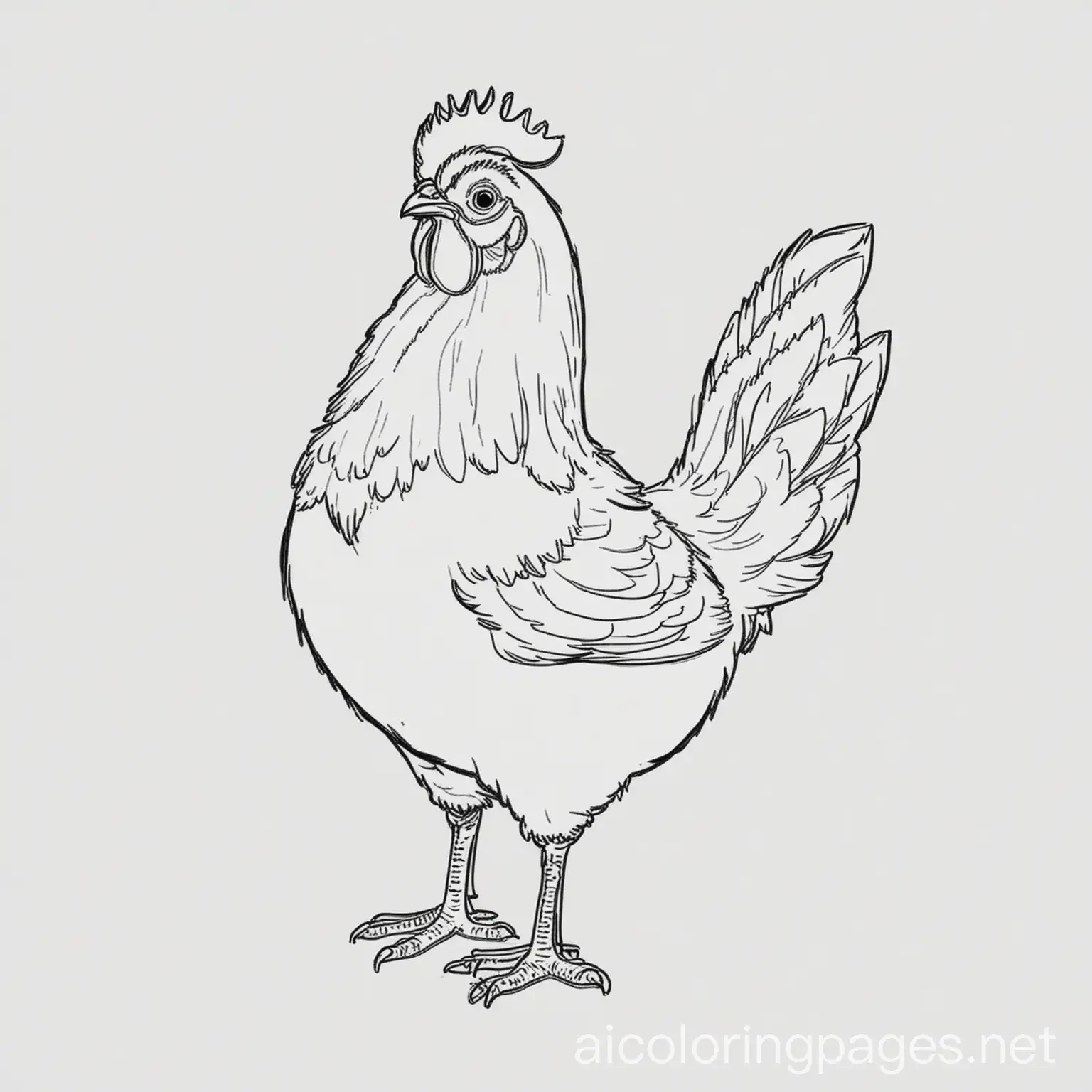 Hen, Coloring Page, black and white, line art, white background, Simplicity, Ample White Space. The background of the coloring page is plain white to make it easy for young children to color within the lines. The outlines of all the subjects are easy to distinguish, making it simple for kids to color without too much difficulty