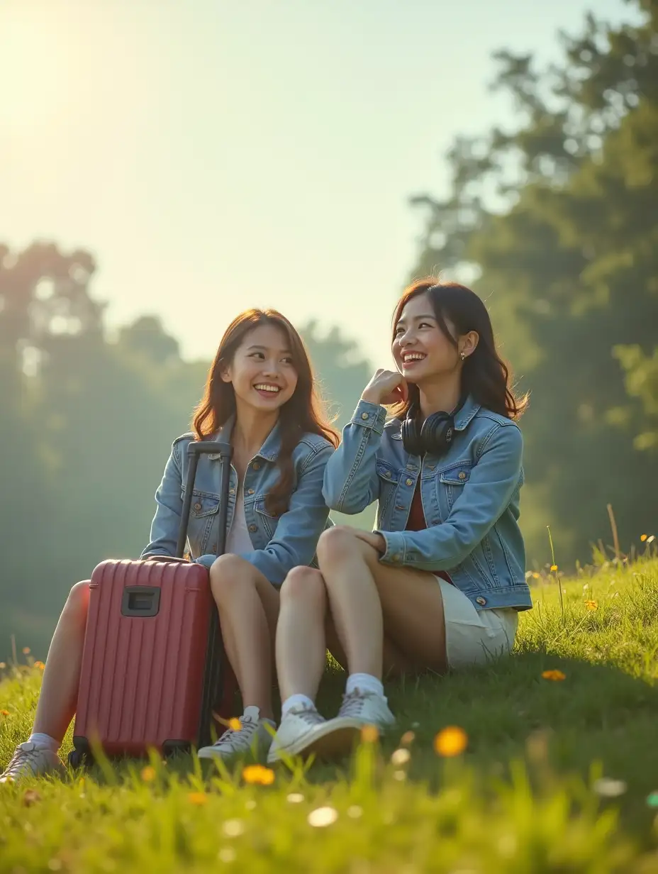 Luxurious Outdoor Luggage Photoshoot with Joyful Asian Women