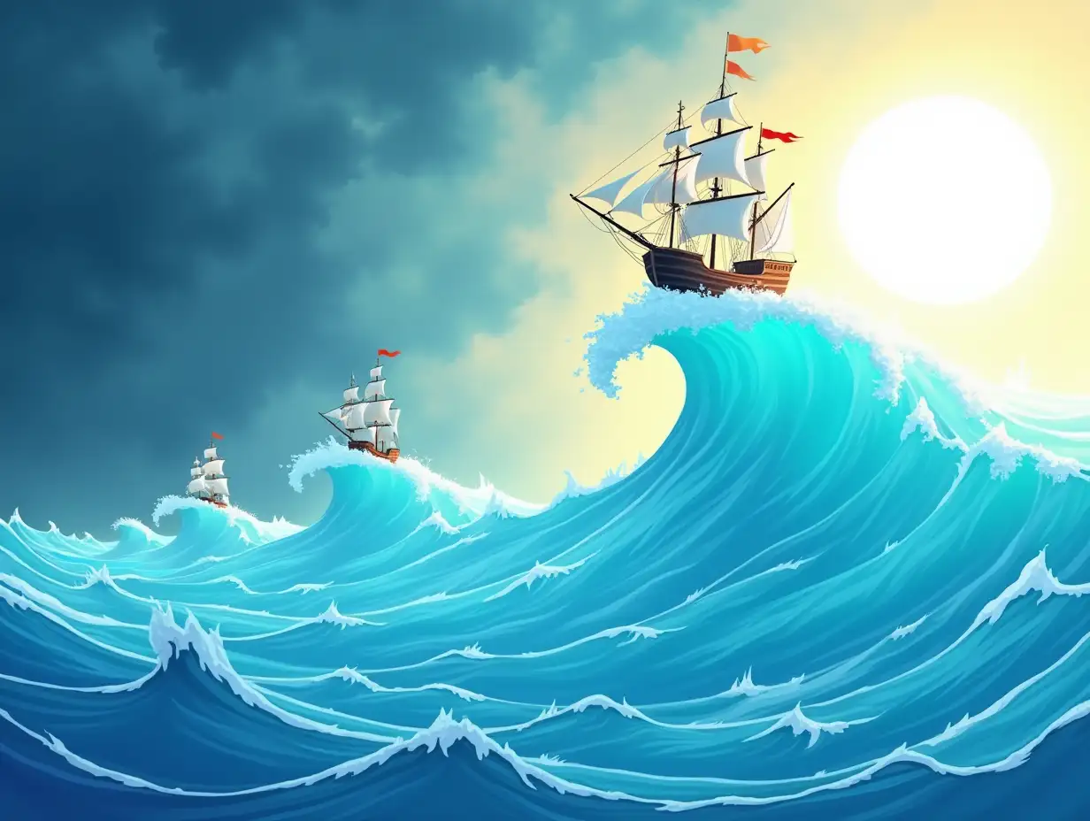 The scene is vector graphics : the ocean has three stages of the wave, on the first a small ship, on the second stage a medium ship, on top of the last third a large wave a large ship with white sails and a girl on the karma. Dark stormy sky on the left. On the right is a bright sunny bright sky.