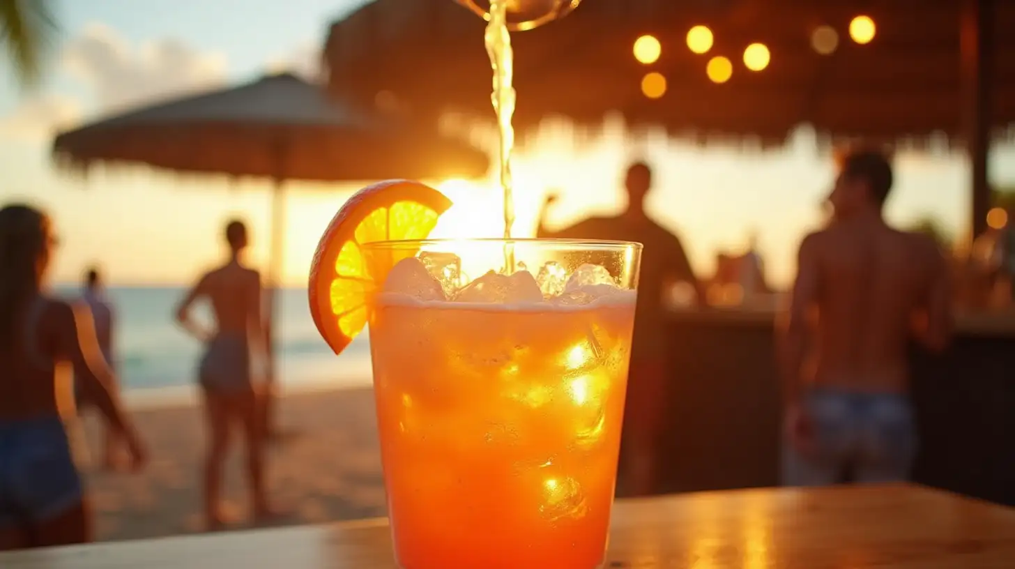 Refreshing Orange Drink Poured Over Ice at a Beach Bar