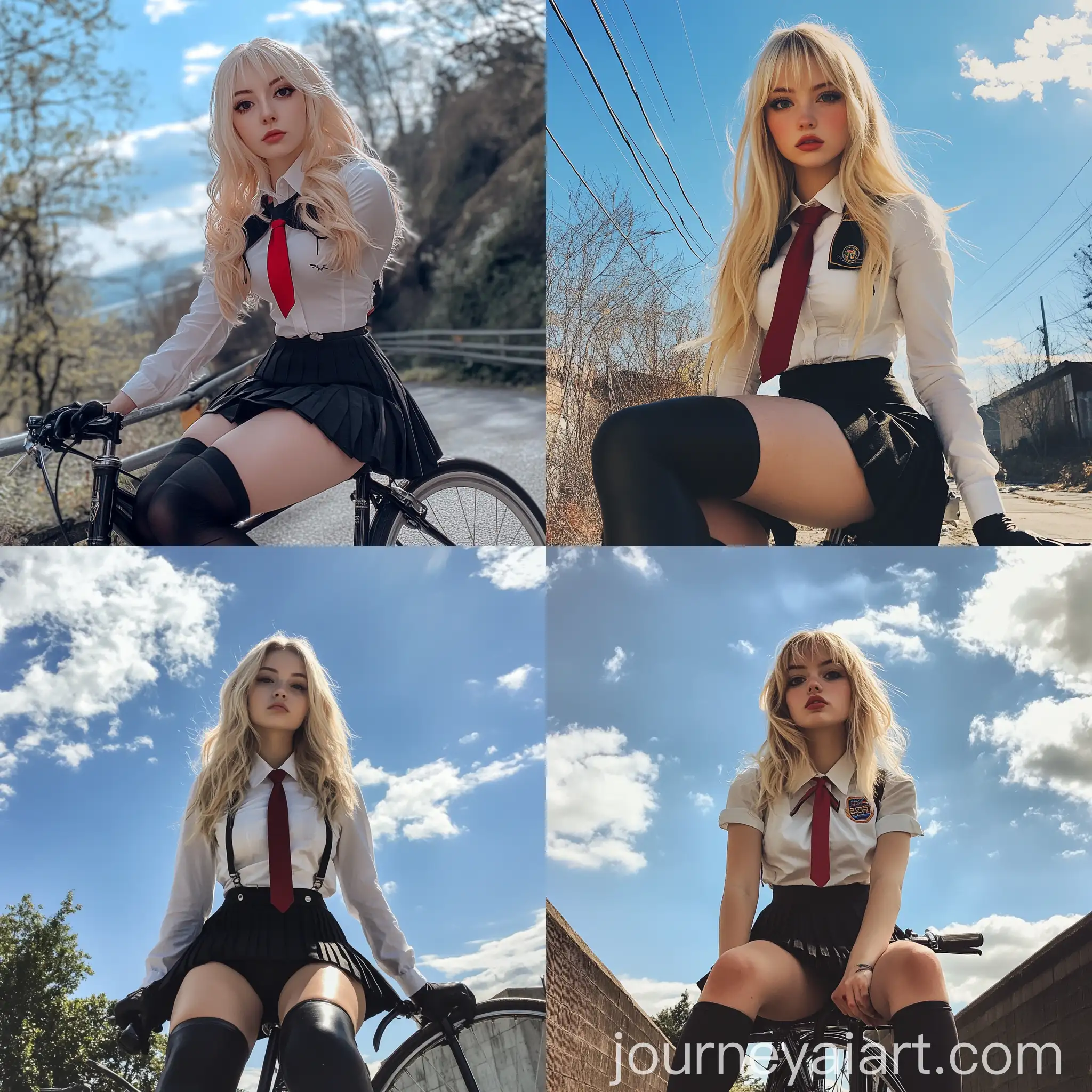 Blonde-Woman-in-School-Uniform-Sitting-on-Bicycle