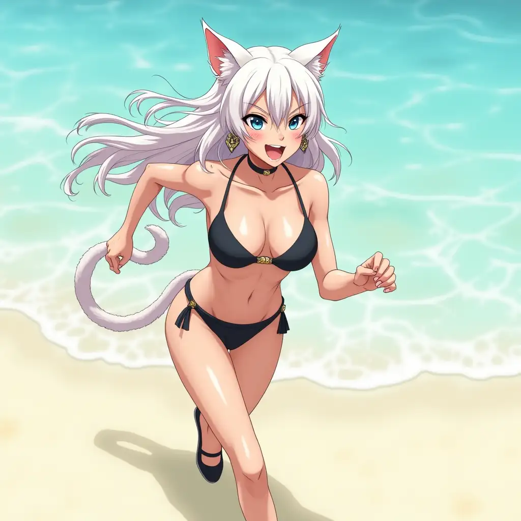 A mature adult feline/woman active running down a beach. Her 30-something years are disguised by her youthful facial features, except for her subtle wrinkles around the eyes, extremely slender body. Her ample bosom strains against her bikini, extreme cleavage.  Wearing black shoes. She has piercing blue cat eyes. A choker adorns her neck, a subtle hint at her feline nature. Her long, white hair cascades down her back like a wild waterfall, tangled and disheveled. Her cat-like teeth glint in the light, as her white fur-lined ears punctuate her visage with sparkling black and gold earring adorns each ear, adding a touch of elegance to her feline features. Cat whiskers on her face. The attached tail at the base of her spine stirs lazily.  Long fingernails. Full view. Anime.