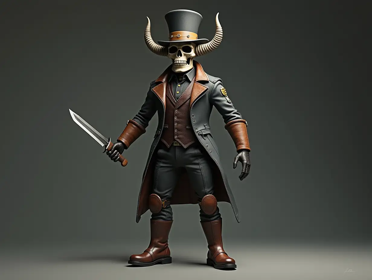 Create a high-resolution, realistic image of a robot with a skeleton body, brown leather boots, and a head of a fashion training suit, and a knife in hand with a top hat and a horn in 4K resolution