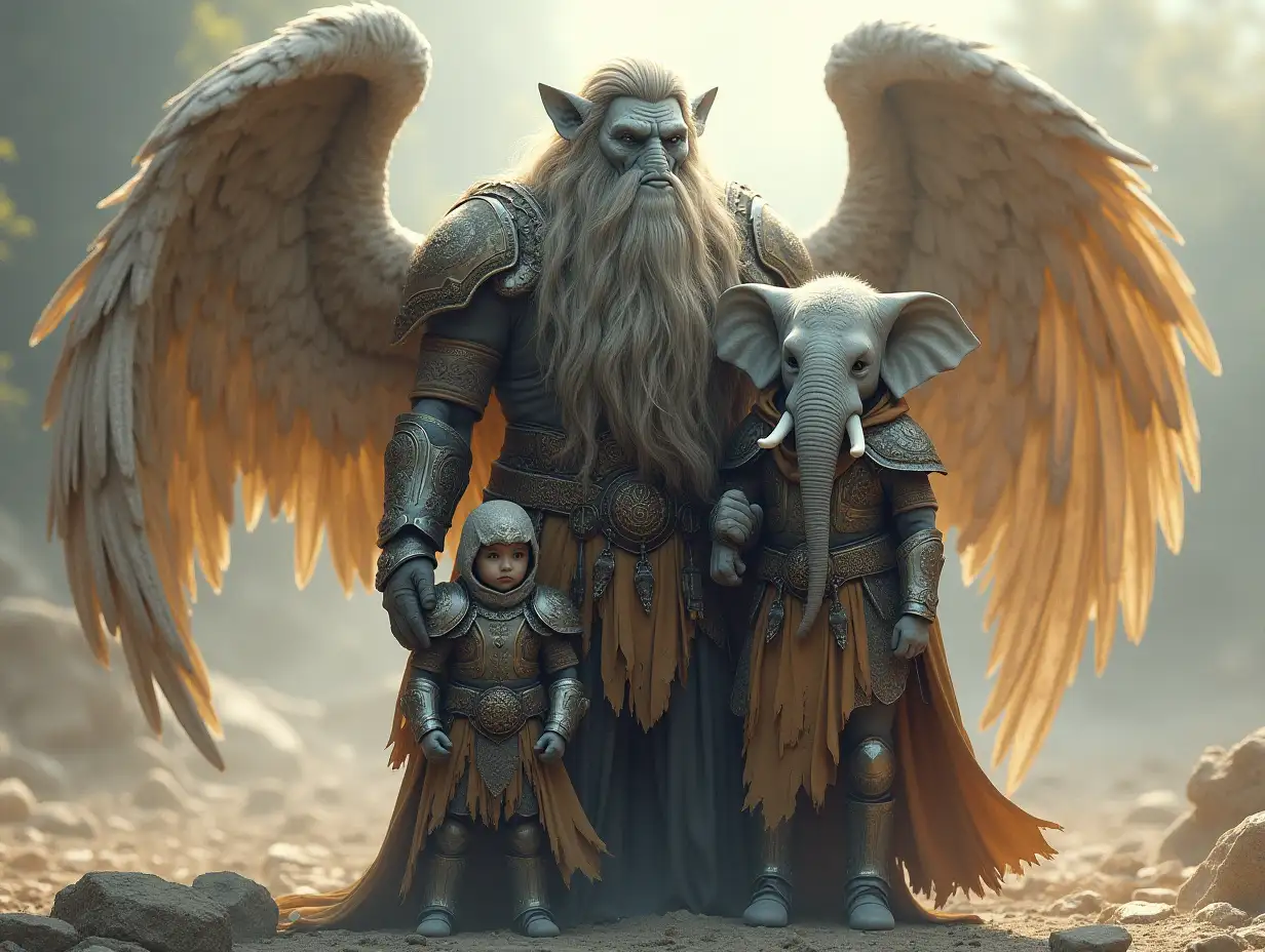 Ki-Fantasy family,Man with angel wings and children giant elephant face with and angel wing armor equipment