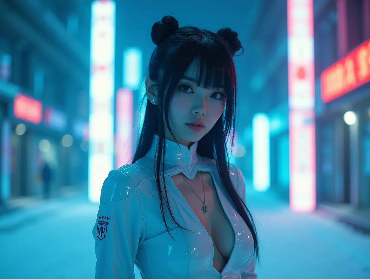 A Full frontal portrait of  hot and young  beautiful    cyberpunk  tall  young  mechanical Japanese   girl ,nice  cleavage with long black bundle hair and snow skin  long legs in  gear like Cred-white-blue bag pattern and texture  thick glossy dress  and white long boots in wide angle,in the style of hyper-realistic sci-fi, pseudo-realistic, uhd image, shoot on fuji xt-5, 8k, award winning, high details --ar 2:3 at snow night , in wide angle at cyberpunk,made of blue neon rays, ultra detailed, fairy lighting, photorealistic, bright red colors, volumetric rays of light