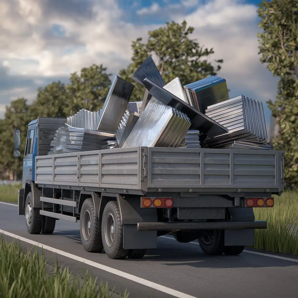 Cargo-Truck-Transporting-Pile-of-Metal-Iron-Pieces-in-3D