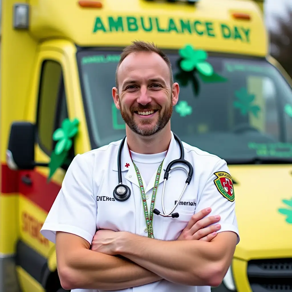 A man stands in front of an ambulance adorned with St. Patrick's Day elements. The ambulance, primarily yellow with red accents, now features green shamrock decals on its side and front. There are also green - and - white striped ribbons tied around the rear - view mirrors. The man is wearing a white short - sleeved medical uniform, with a stethoscope draped around his neck. His chest has a name badge, and there's a red cross patch on his upper arm.  His arms are crossed over his chest, and the background shows the decorated ambulance set in an outdoor environment with some blurred elements.