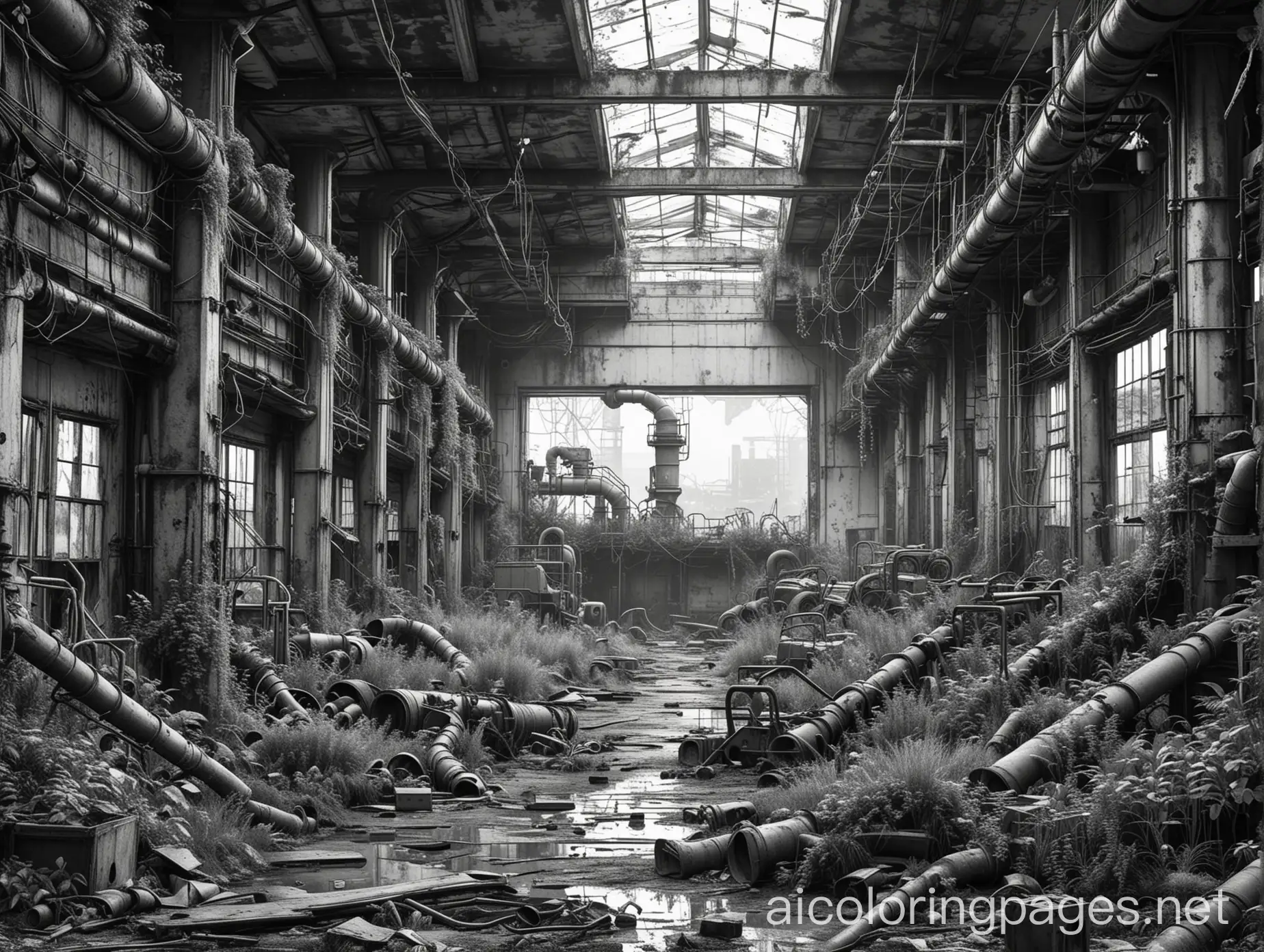 Post-Apocalyptic-Abandoned-Factory-Interior-with-Overgrown-Plants-and-Broken-Machinery-Coloring-Page