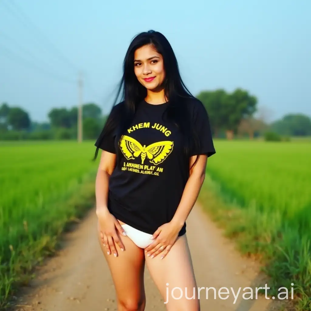 Woman-Posing-on-Dirt-Road-in-Green-Field-with-Casual-Outfit-and-Yellow-Graphic-Tshirt