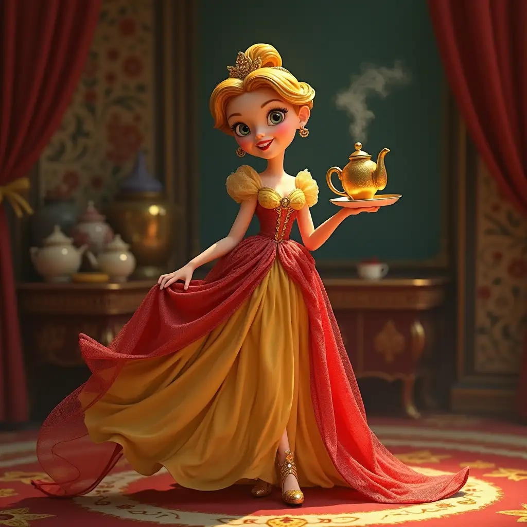 Cinderela in a golden red dress with glass slippers in a palace with teapot with eyes mouth nose,teeth with eyes mouth nose portrait 75 mm