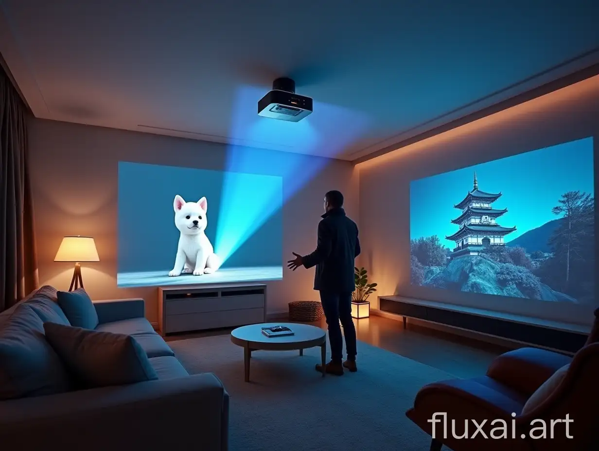 A modern smart home living room featuring a sleek ceiling-mounted video projector on an automated rotating mount. The device is actively projecting onto multiple surfaces: a nearby wall displaying figure of a smart assistant, in a form of a puppy. On a table projecting interface with icons. On the second wall projecting an Japanese style art piece of a castle in the night. The projector's beam is visible as it rotates, demonstrating its flexibility and high-resolution capabilities. The room features contemporary furniture and ambient lighting, creating cozy atmosphere. A person is interacting with the various projections using hand gestures. This scene highlights the versatile projection capabilities of the device, seamlessly integrating into different aspects of the smart home environment.