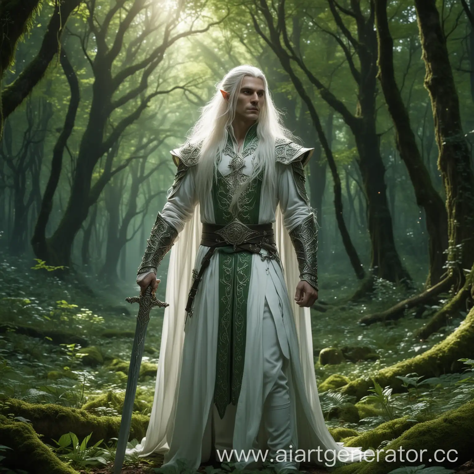 astral elf, priest of the domain of magic, white long hair, long sword in one hand, in a green magical forest, 8k, ultra realistic