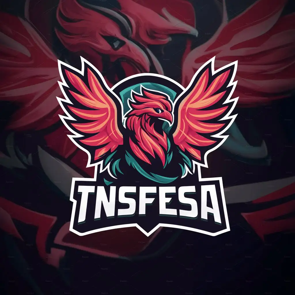 a vector logo design,with the text "TNSFESA", main symbol:2D illustration logo of Phoenix mascot, neon, psychotronic, Dynamic poses, e-sport gaming logo, full body,complex,clear background