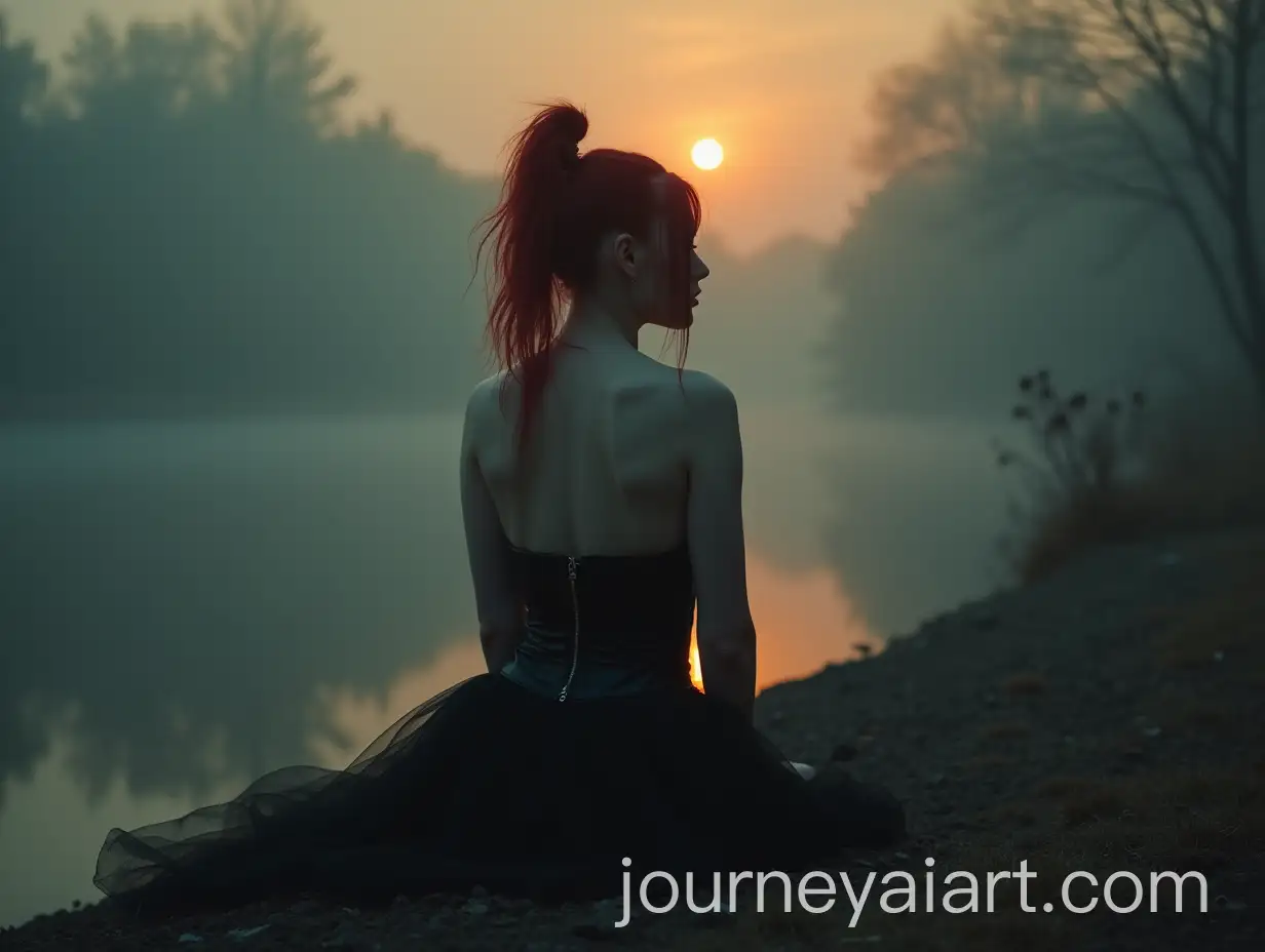Gothic-Woman-in-Tim-Burton-Style-by-Misty-Riverbank-at-Sunset