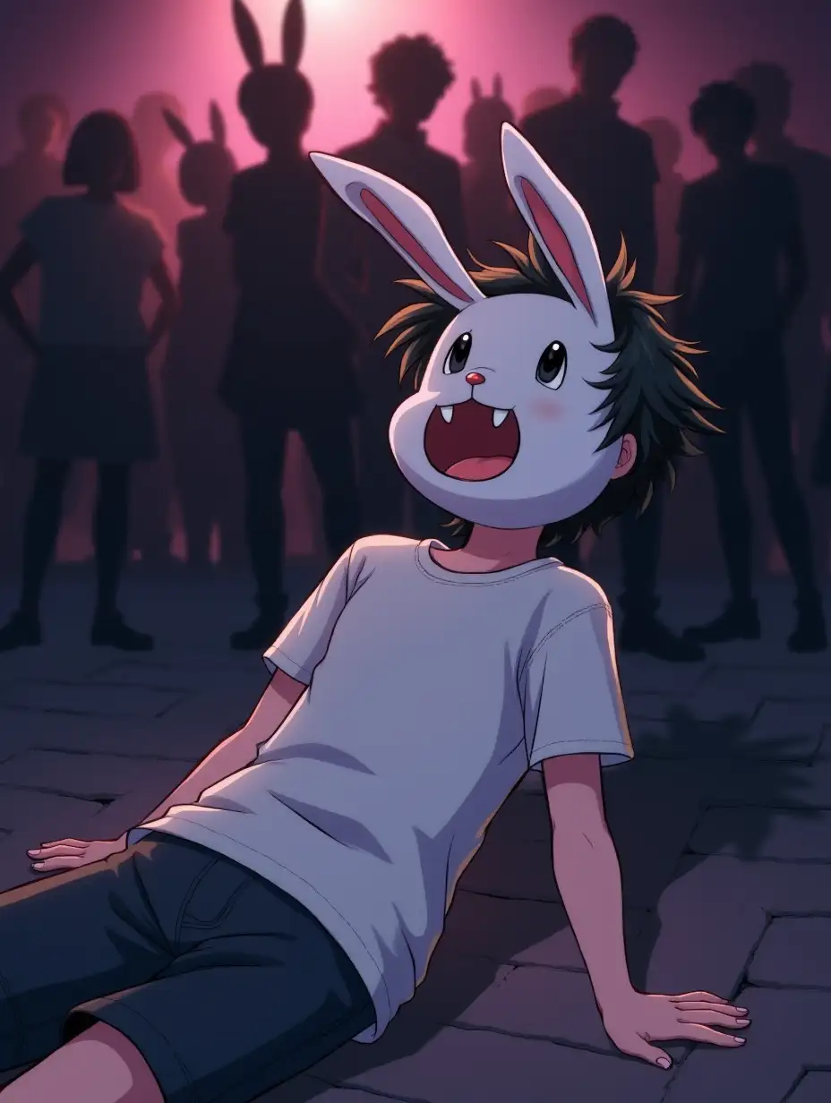 A boy in white t-shirt He is wearing a mask of a rabbit. He fell to the floor. There is a party with silhouettes of people on the background. The picture is anime style.