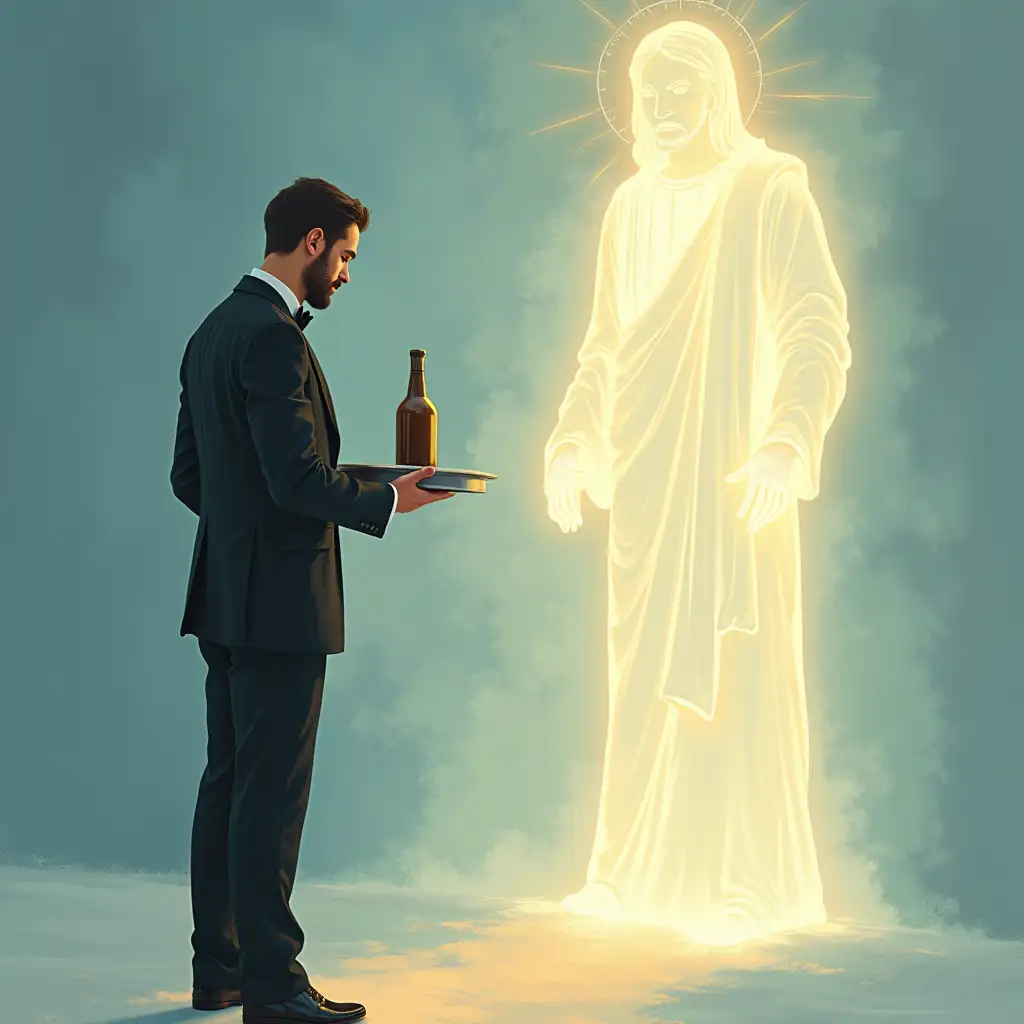 Servant-in-Tuxedo-Holding-Tray-with-Divine-Presence-of-Jesus-in-Soft-Blue-and-Gold