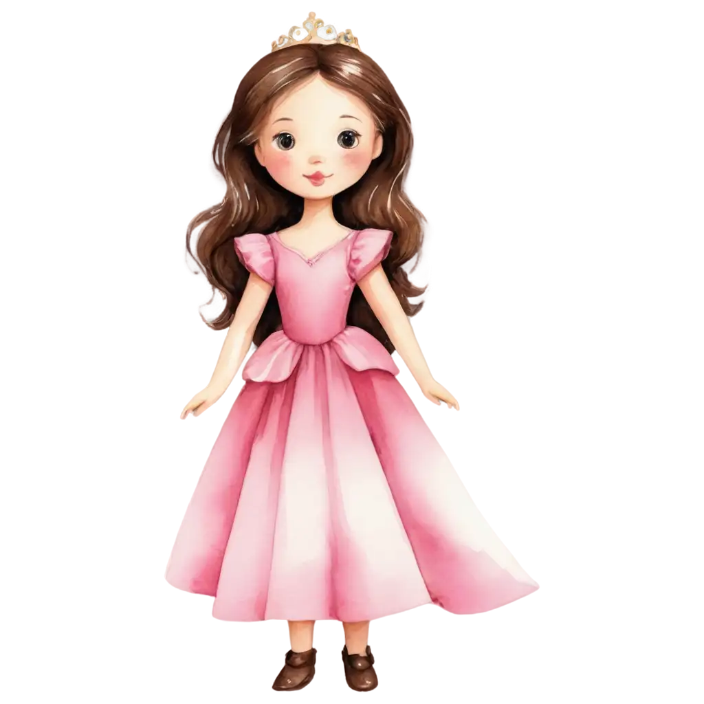 Princess-Doll-in-Pink-Dress-with-Brown-Hair-PNG-HighQuality-Watercolor-Image-for-Digital-Use