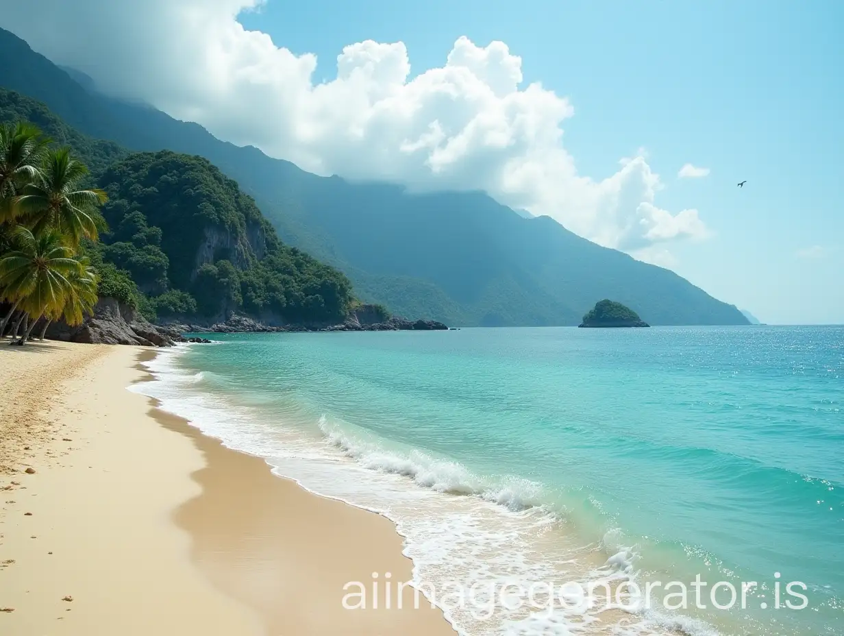Seven-Malay-Princesses-on-a-Beach-with-Mountain-Backdrop