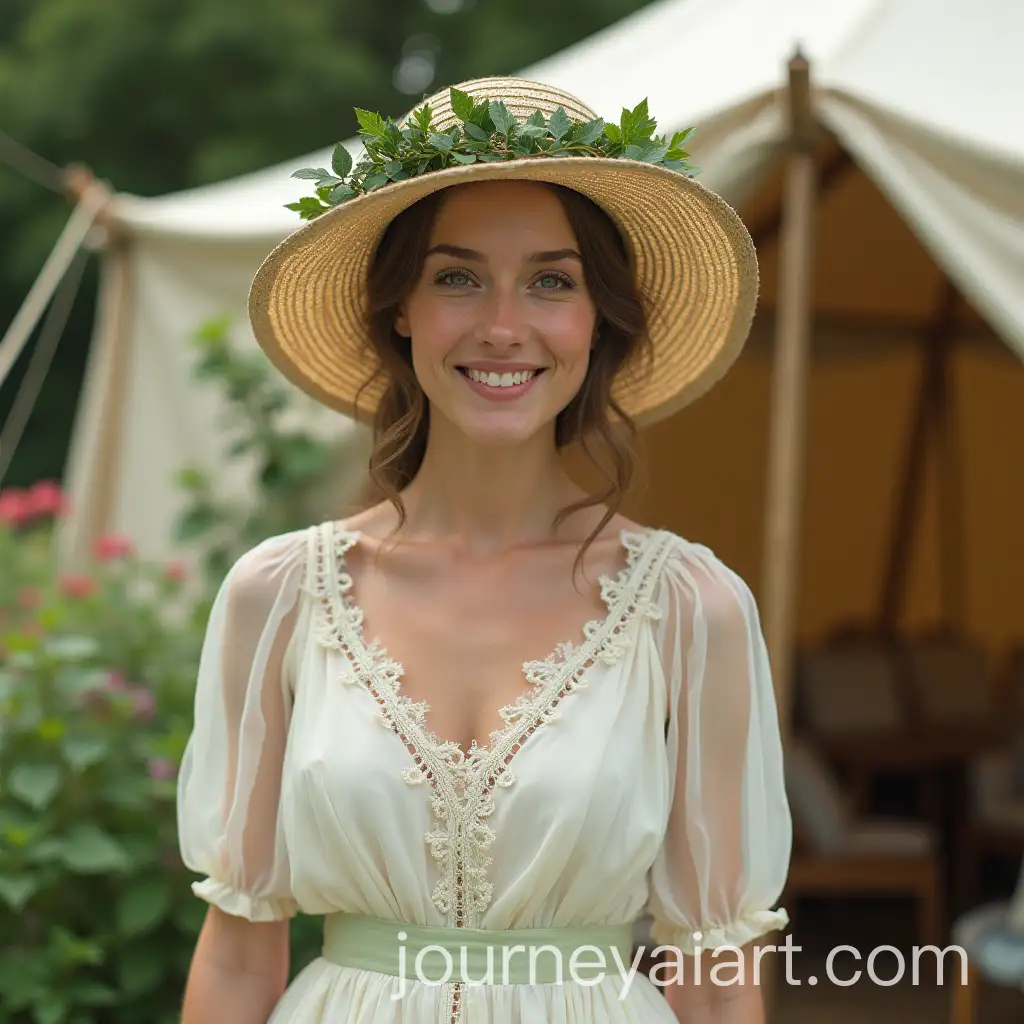 Elegant-Woman-in-White-Lace-Dress-with-Green-Ribbon-and-Ivy-Hat-in-Peaceful-Garden-Setting