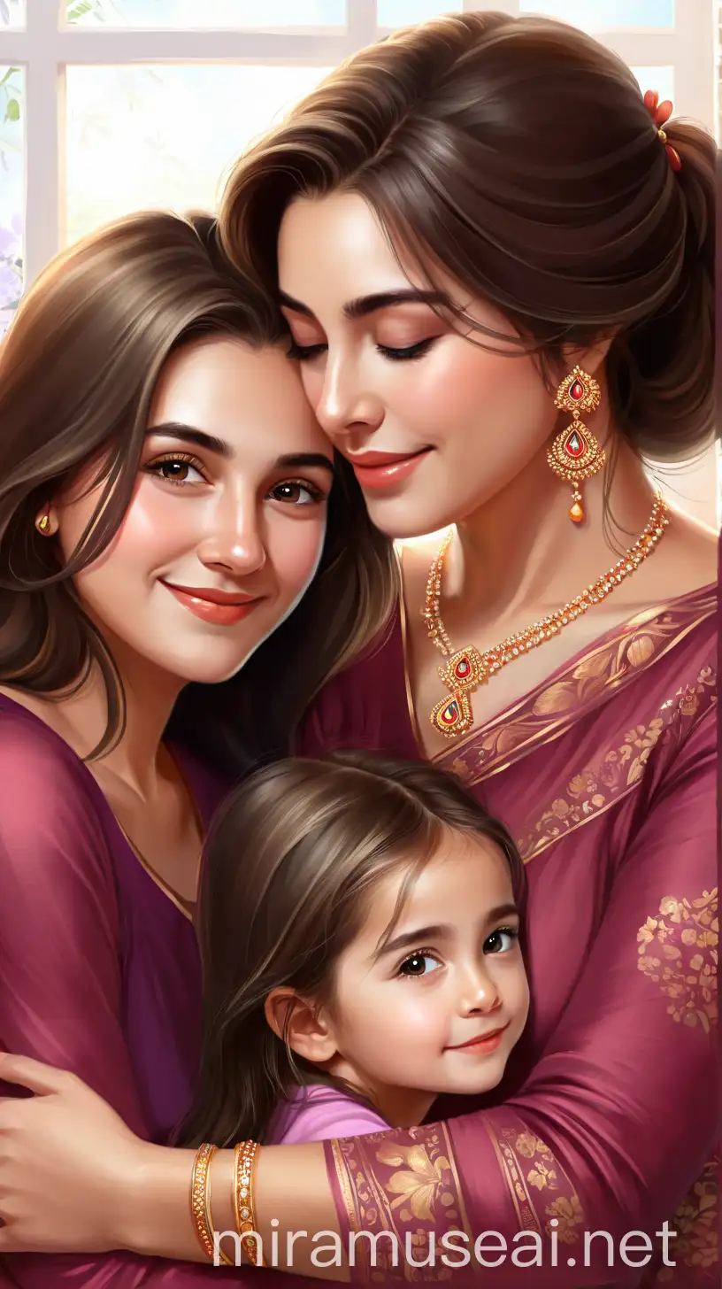 Mother and Daughters Embracing in Sunlit Room with Beautiful Digital Illustration