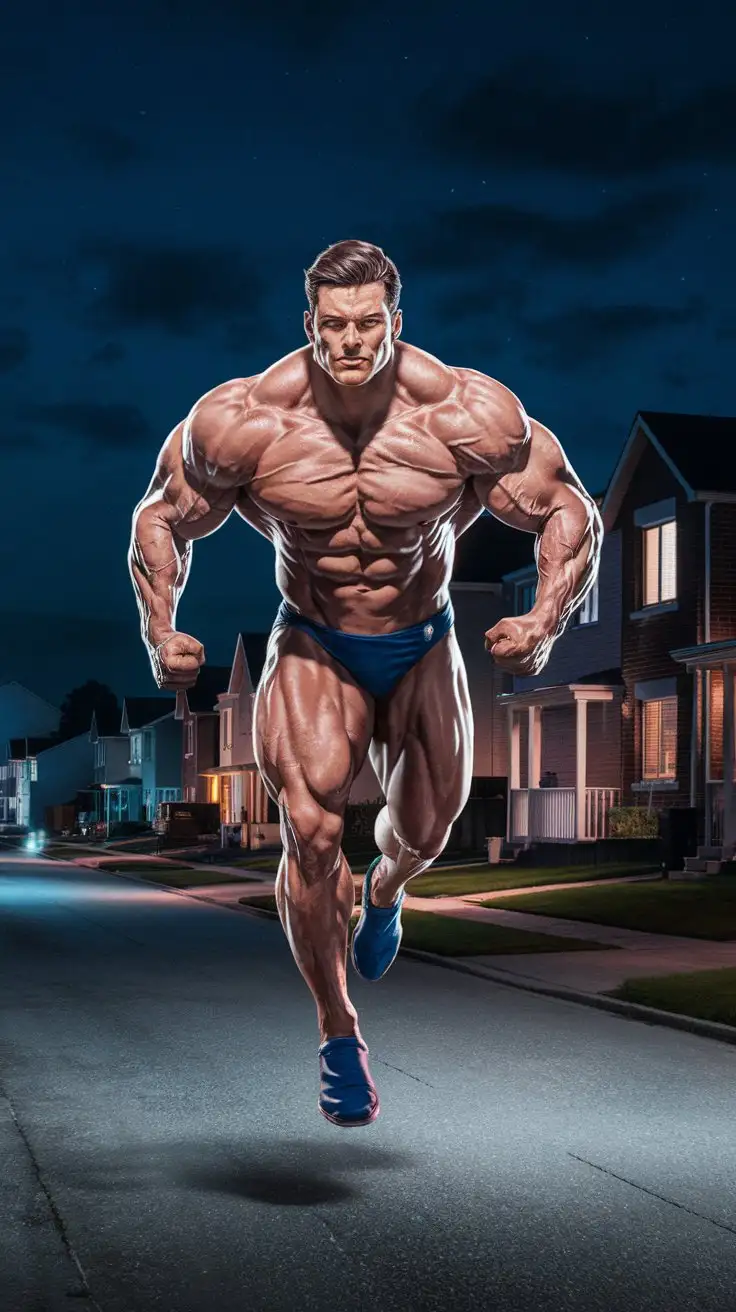 On a suburban street at night. Powerfully muscled, hugely ripped, pumped, musclegod bodybuilder superhero takes off in flight. 18 years old. Determined confidence. Photorealistic.