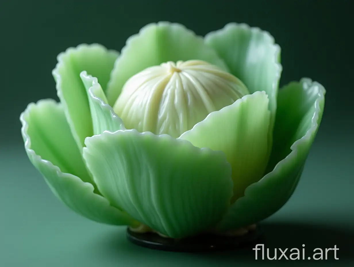 jade cabbage, jade, realistic, gloss, thickness, solid, decoration, glass cover, close-up, white-green transition, movie lighting, booth background, high quality, real