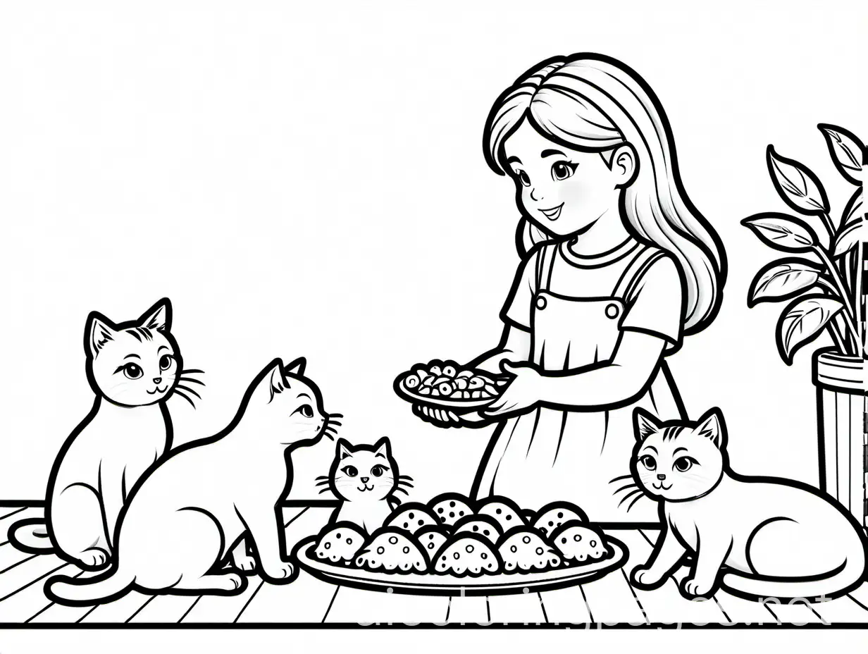 Young-Girl-Feeding-Cats-Coloring-Page