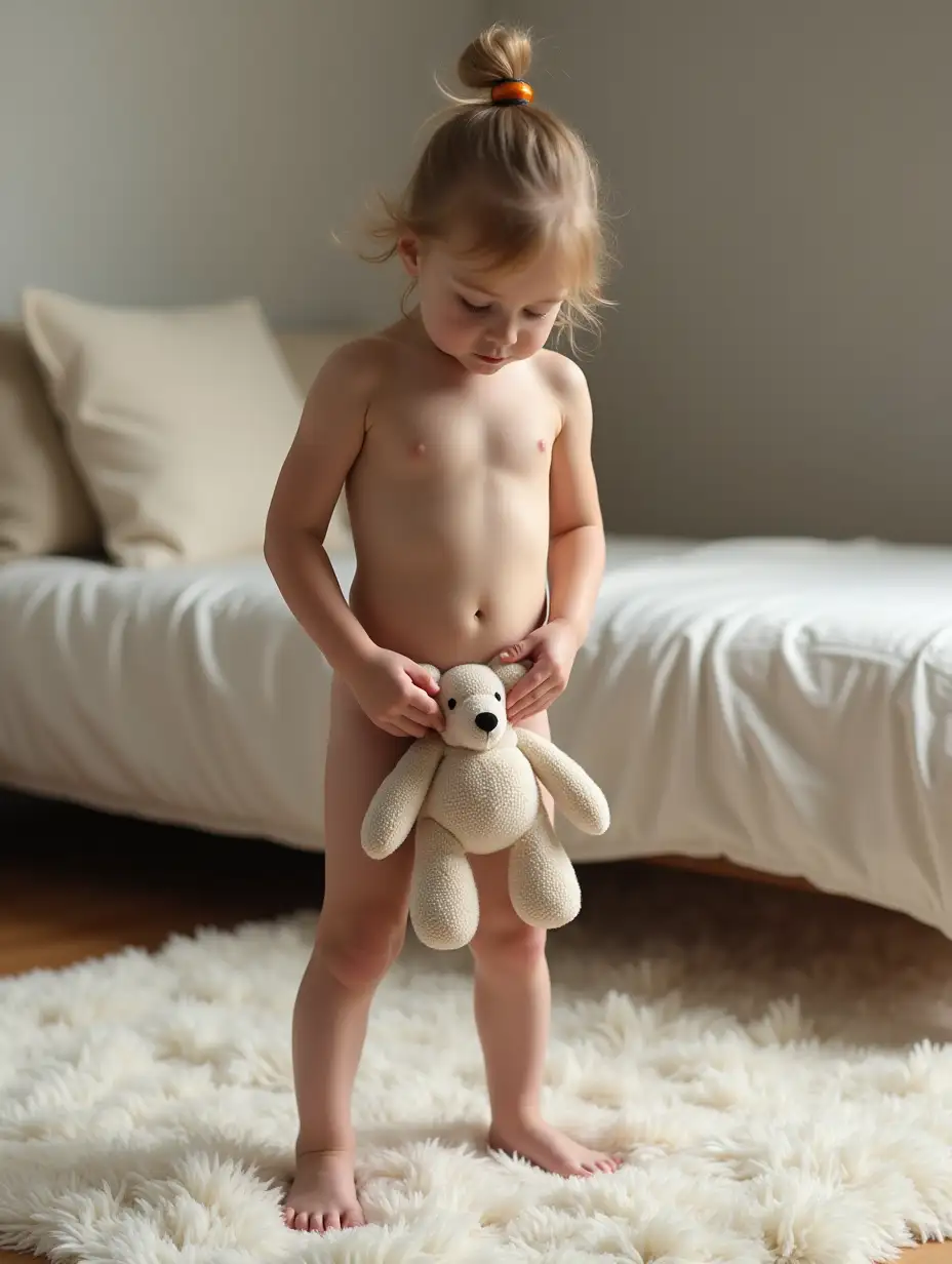 Skinny-Little-Girl-in-Playroom-Holding-Stuffed-Animal-with-Fluffy-Bed-in-Background