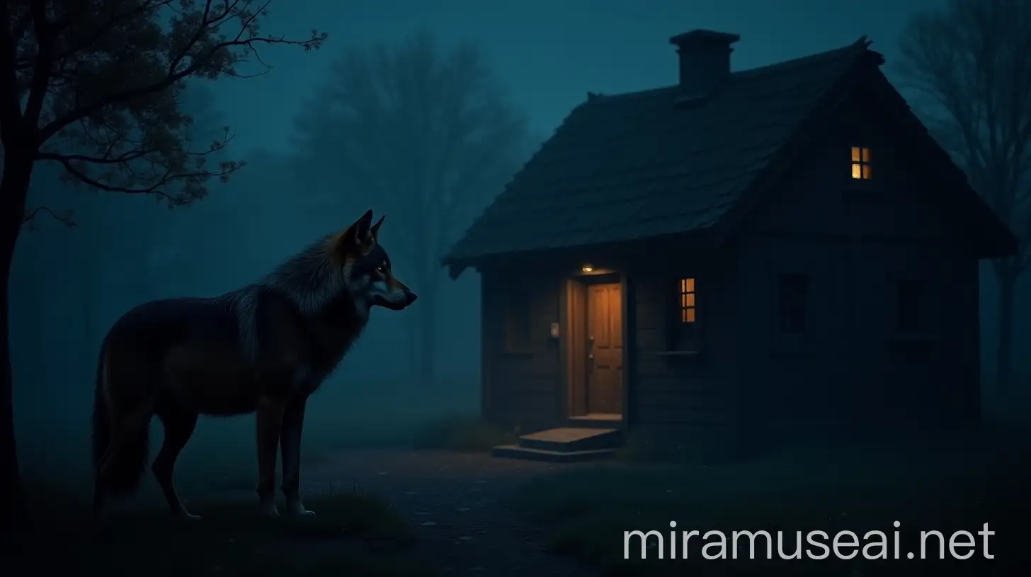 Wolf Standing in Indian Village at Night