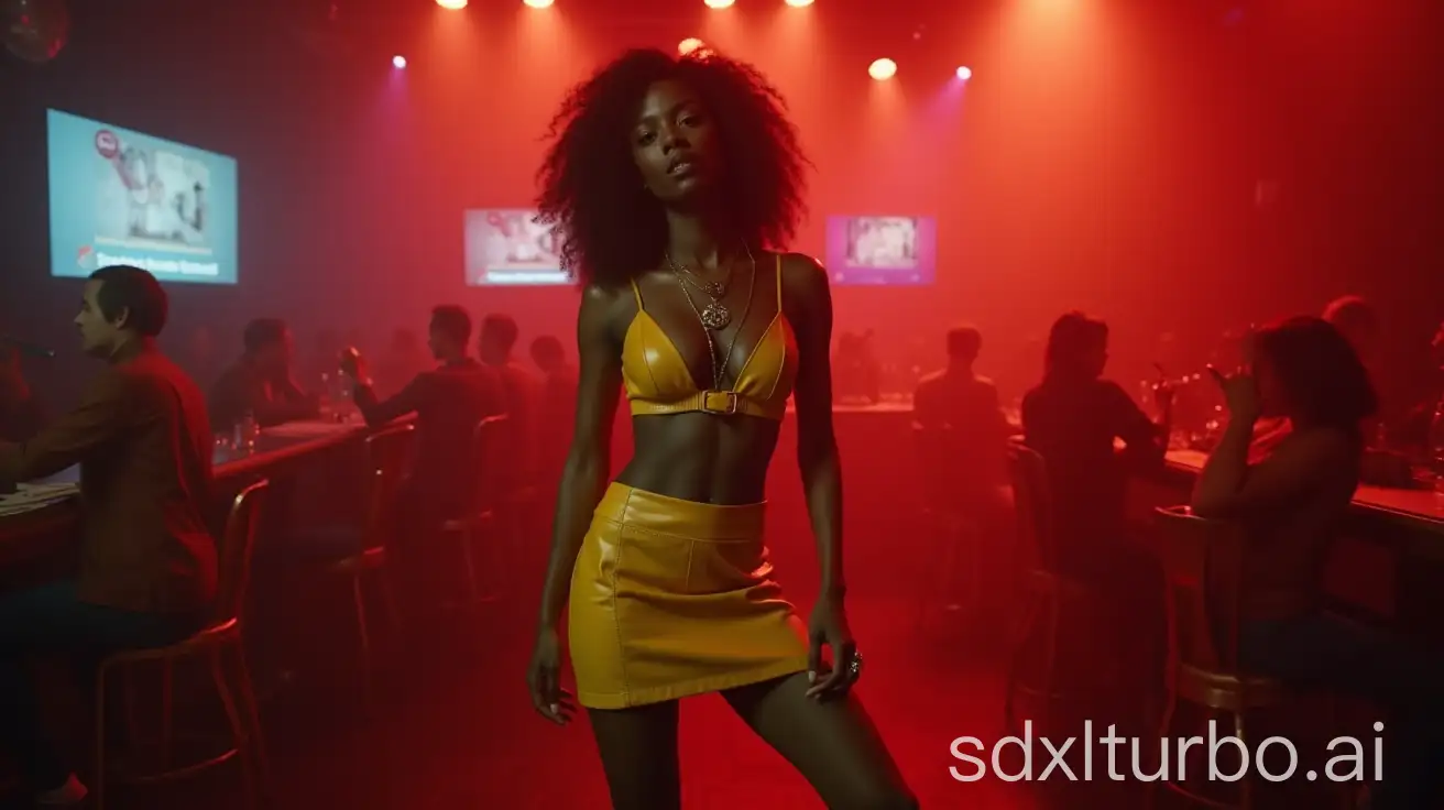 Stunning-Young-Black-Woman-Dancing-in-Yellow-Leather-Outfit-at-Nightclub