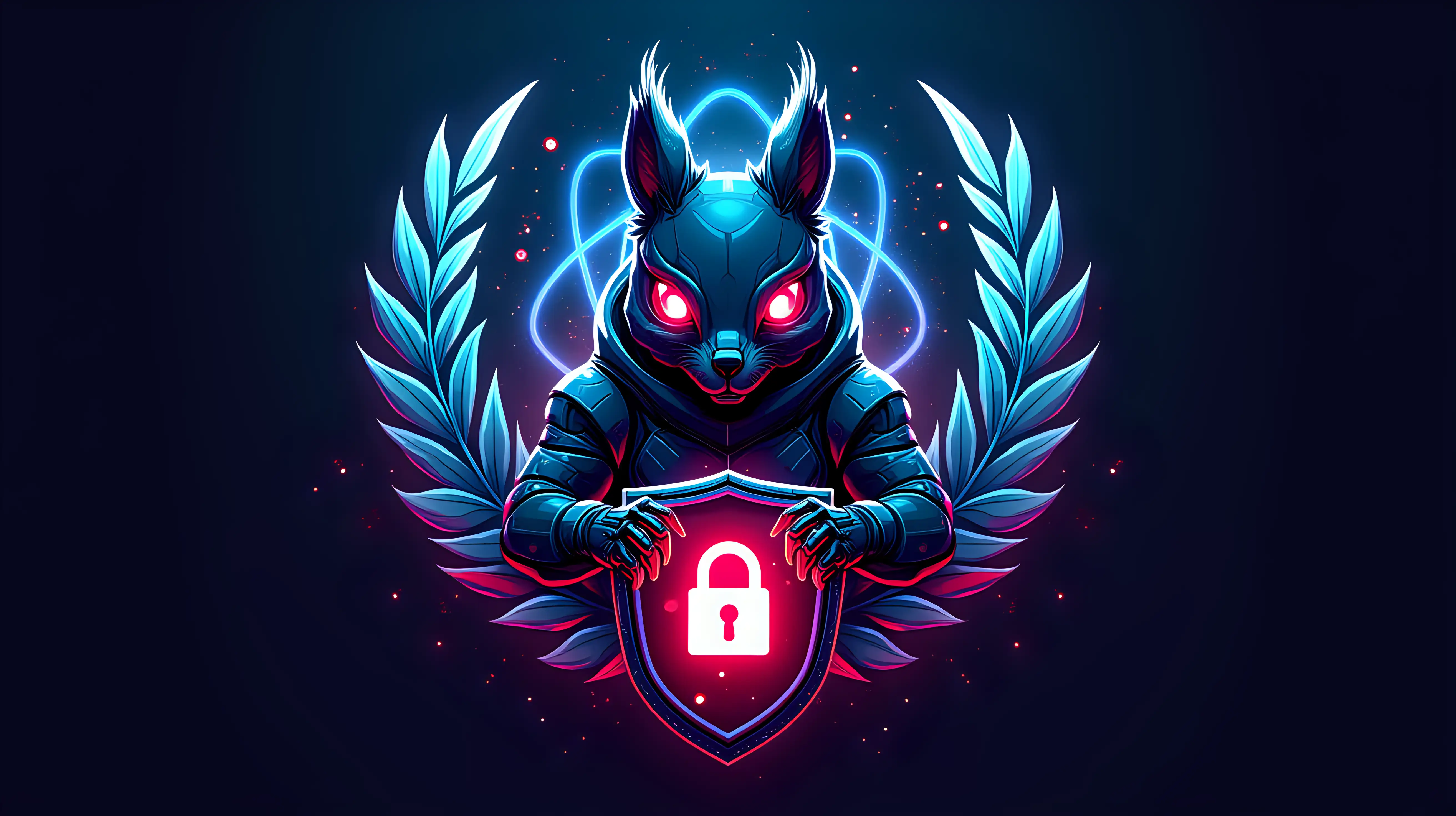 A futuristic digital emblem featuring a fierce, cybernetic squirrel with sharp metallic features, sleek armored plating, glowing red robotic eyes, and an intense, menacing expression, gripping a high-tech shield with a glowing padlock symbol, surrounded by vibrant neon laurel leaves, with a large, prominent atom structure behind it, glowing electron orbits and particles, integrated circuitry and tech details in the background, dark sci-fi atmosphere, vivid blue and red neon color palette, highly detailed, digital illustration