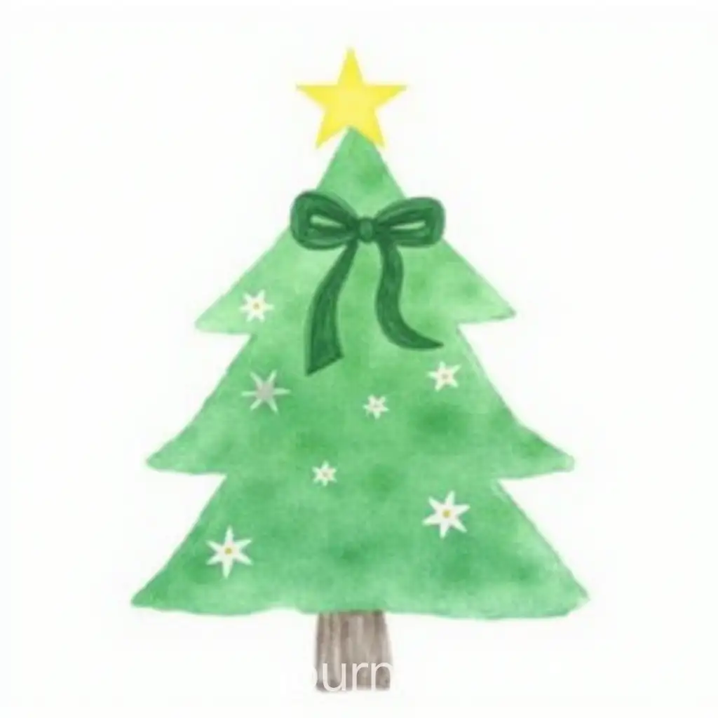Watercolor-Green-Christmas-Tree-with-Green-Bow-and-Snowflakes-Clipart
