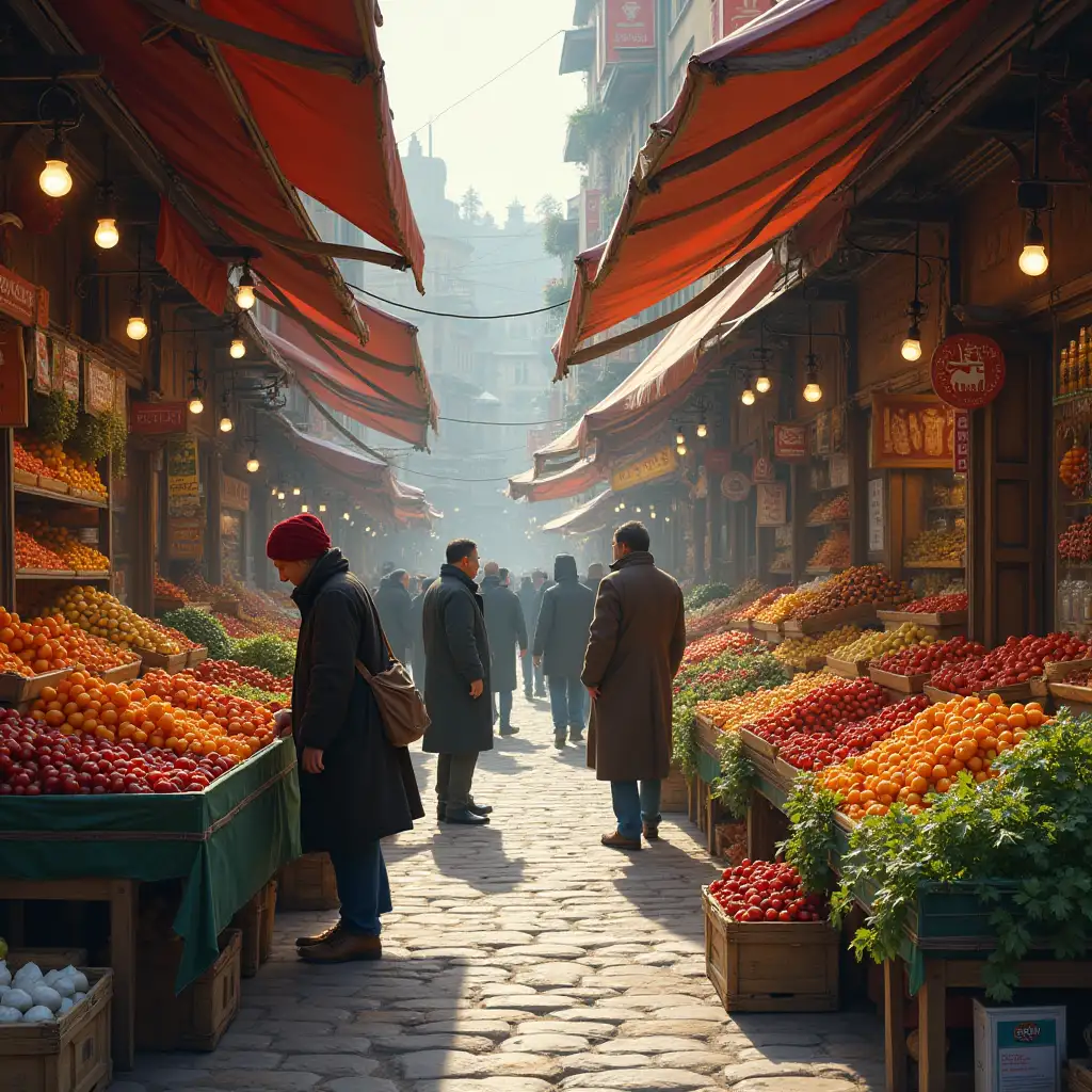 Create a picture of a Turkish market/bazaar, people buying fruits and vegetables