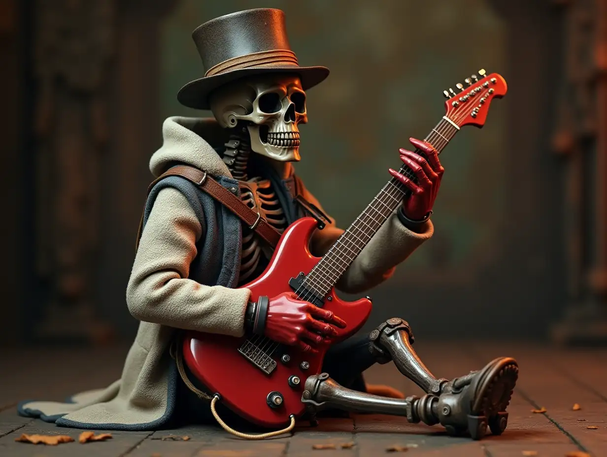 Create a high-resolution, realistic image of a robot with a skeleton body, red porcelain hands and head, wearing a pullover, a Steampunk top hat, and holding a guitar on the floor in 4K resolution (Steampunk 8K quality).