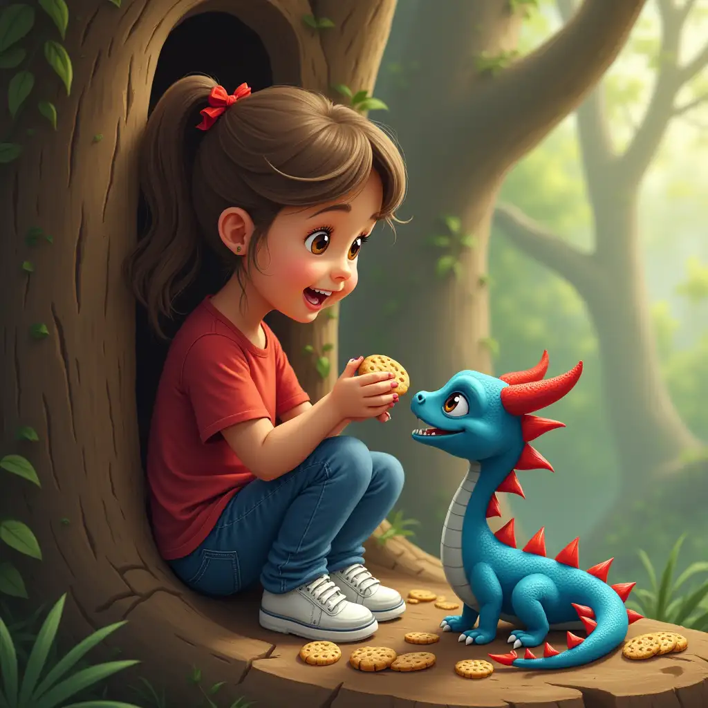 An 8 year old girl that wears blue jeans, red shirt, white sneakers, brown hair.  the tiny blue dragon with red spikes on going down from its head down its back are eating cookies in her treehouse